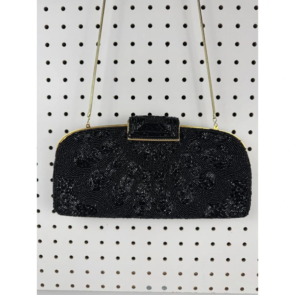 Vintage Black Beaded Evening Clutch Bag Gold Tone‎ Chain Strap Formal Wedding